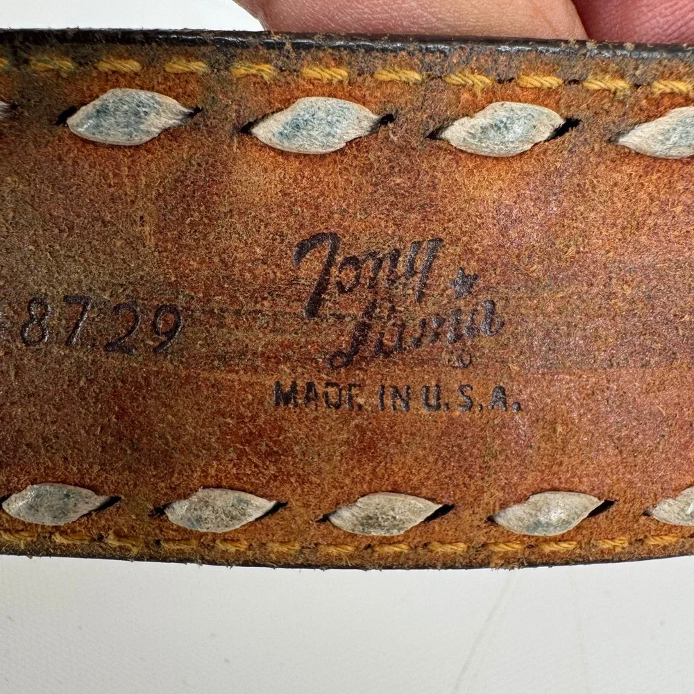 Vintage Tony Lama Belt Men 34 Brown Floral Tooled Leather Laced Trim Western